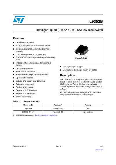STMicroelectronics L9352B Intelligent Quad Low-Side Switch Datasheet