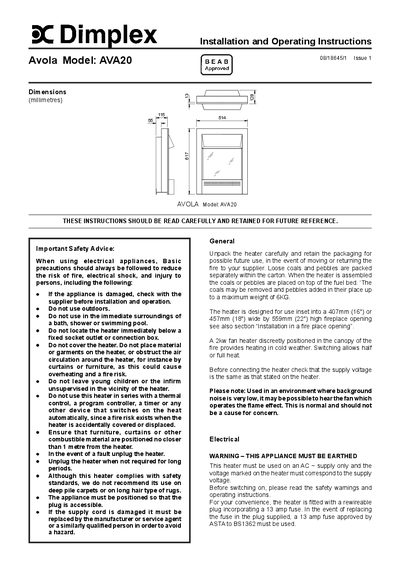 Dimplex AVA20 Installation Guide - cover page