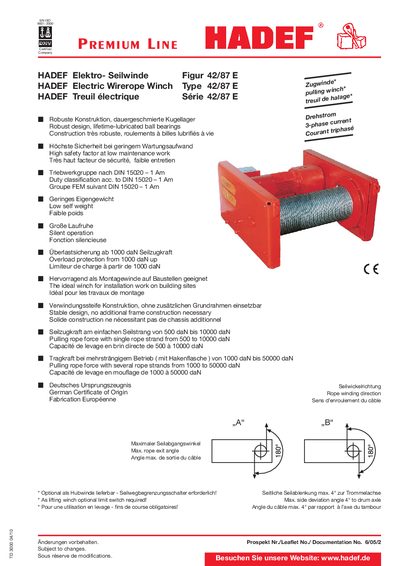 HADEF 42/87 E Electric Wirerope Winch Product Leaflet - cover page