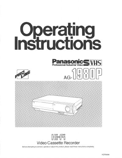 Panasonic AG-1980P VHS Video Cassette Recorder Operating Instructions - cover page