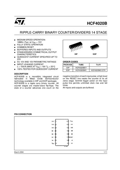 STMicroelectronics HCF4020B Ripple‑Carry Binary Counter Datasheet - cover page