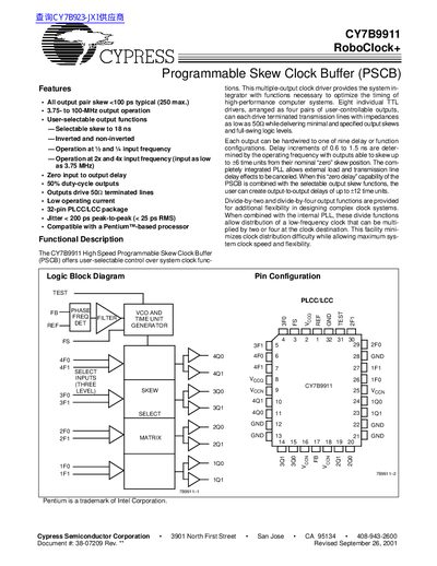 Cypress CY7B9911 RoboClock+ Programmable Skew Clock Buffer Datasheet - cover page