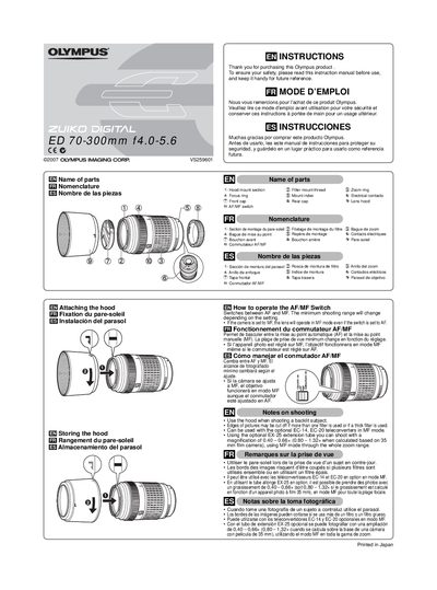 Olympus ED 70-300mm f4.0-5.6 Lens User Manual - cover page