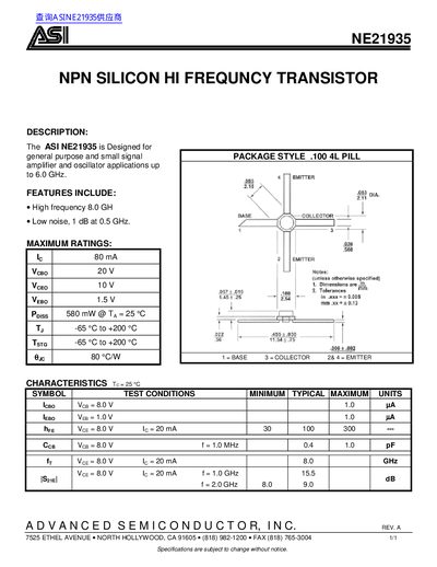ASI NE21935 NPN Silicon Hi Frequency Transistor Datasheet - cover page