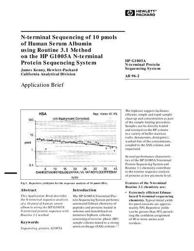 Hewlett-Packard G1005A N-terminal Protein Sequencing System Application Brief - cover page