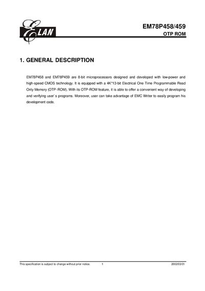 ELAN EM78P458/459 OTP ROM Datasheet - cover page