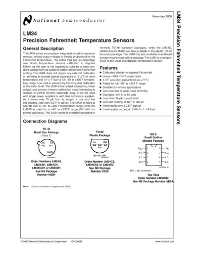 National Semiconductor LM34 Precision Fahrenheit Temperature Sensors General Description Manual - cover page
