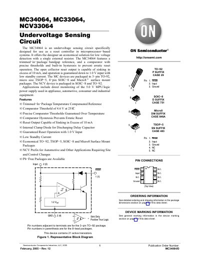ON Semiconductor MC34064/MC33064/NCV33064 Undervoltage Sensing Circuit Datasheet