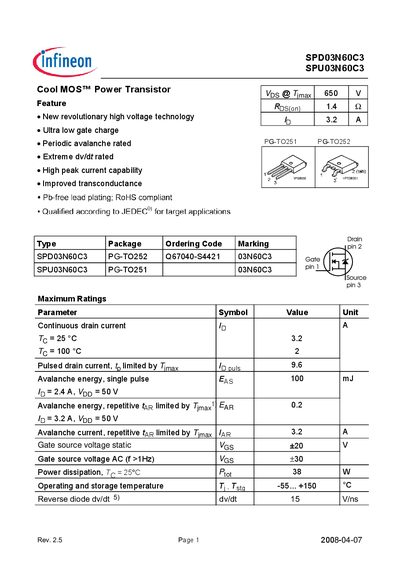 INFINEON SPD03N60C3/SPU03N60C3 Manual - cover page