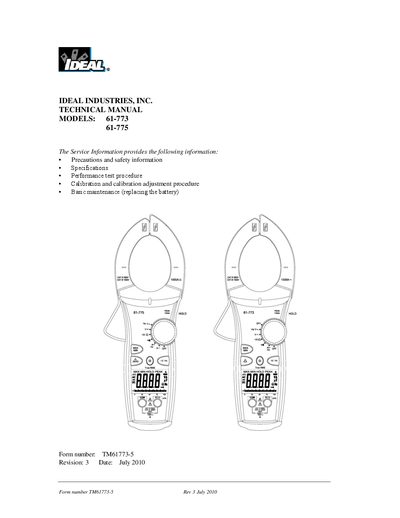IDEAL 61-770 Series Commercial/Industrial TightSight Clamp Meters Technical Manual - cover page