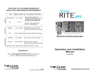 Goldline Controls Aqua Rite Pro Electronic Chlorine Generator Operation and Installation Manual
