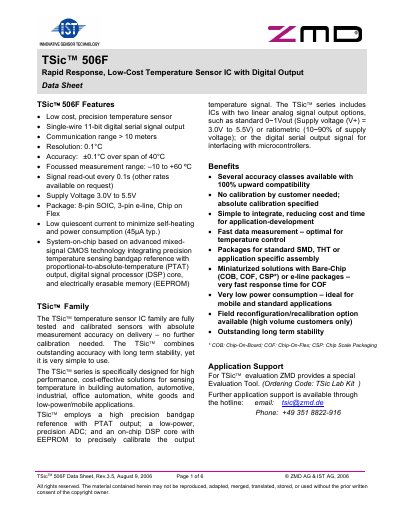 ZMD TSic 506F Temperature Sensor IC Datasheet - cover page