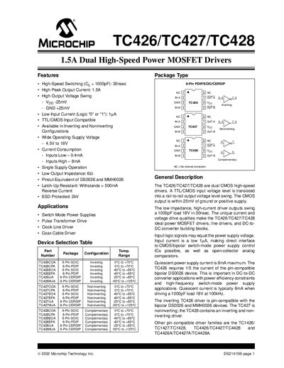 Microchip TC426/TC427/TC428 Dual High-Speed Power MOSFET Drivers Datasheet - cover page
