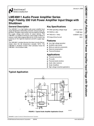 National Semiconductor LME49811 High Fidelity 200 V Power Amplifier Input Stage Datasheet - cover page