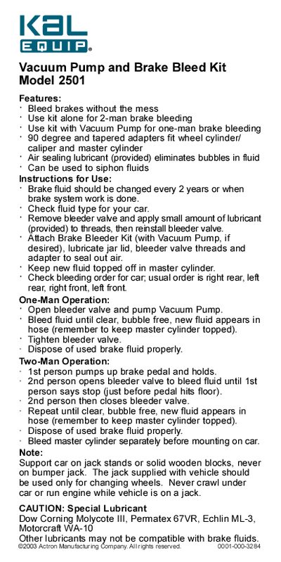 Actron Model 2501 Vacuum Pump and Brake Bleed Kit User Manual - cover page