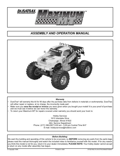 DuraTrax Maximum MT Nitro R/C Truck User Manual - cover page