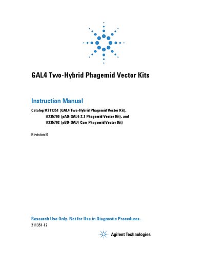 Agilent Technologies GAL4 Two-Hybrid Phagemid Vector Kits Instruction Manual - cover page