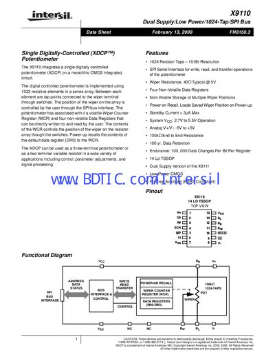 Intersil X9110 Digital Potentiometer Datasheet - cover page