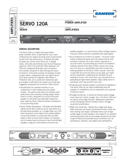 Samson Servo 120A Power Amplifier Product Specification Sheet - cover page