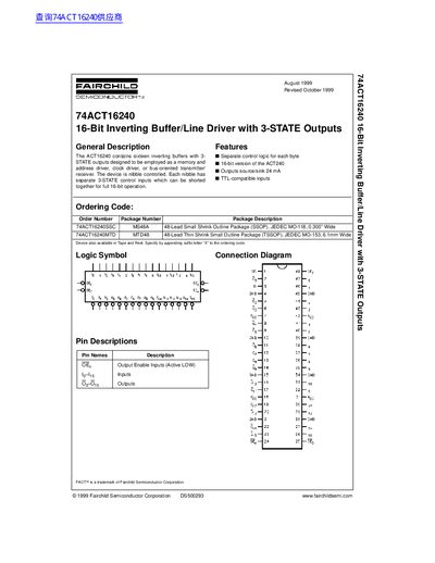 FAIRCHILD semiconductor 74ACT16240 16-Bit Inverting Buffer/Line Driver with 3-STATE Outputs handbook - cover page