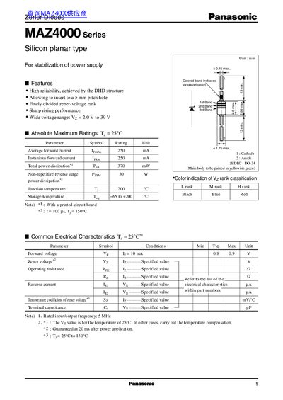 Panasonic MAZ4000 Series Zener Diode Datasheet - cover page