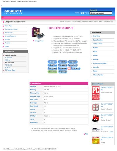 Gigabyte GV-NX79T256DP-RH Graphics Accelerator Specification - cover page