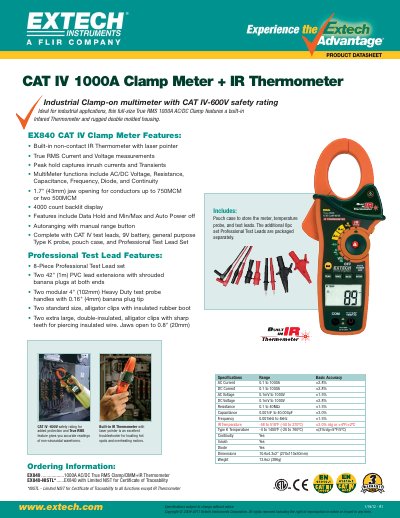 Extech EX840-NISTL AC/DC True RMS Clamp Meter Product Leaflet - cover page