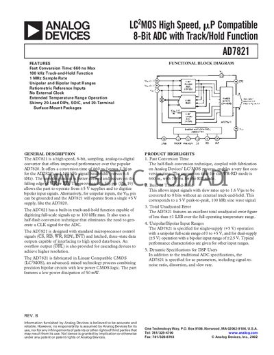 Analog Devices AD7821 8‑Bit ADC Datasheet - cover page