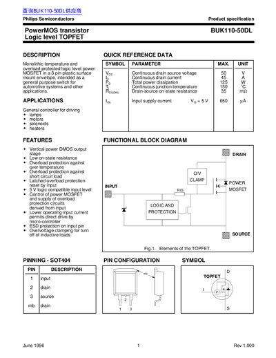 Philips BUK110-50DL PowerMOS Transistor Datasheet - cover page