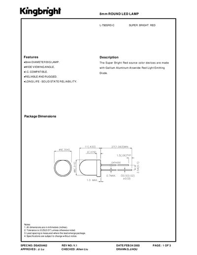 Kingbright L-793SRD-C Super Bright Red 8mm LED Lamp Datasheet - cover page
