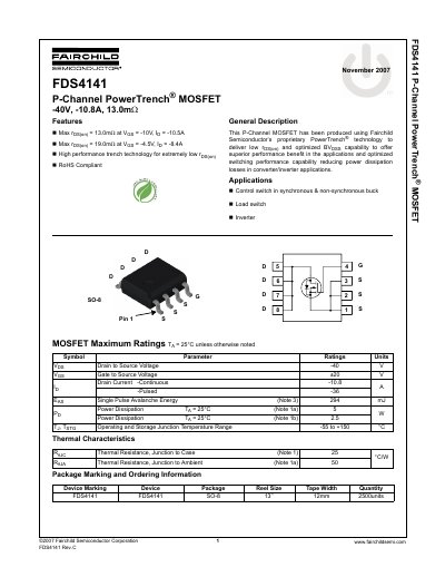 Fairchild FDS4141 P-Channel MOSFET Datasheet - cover page
