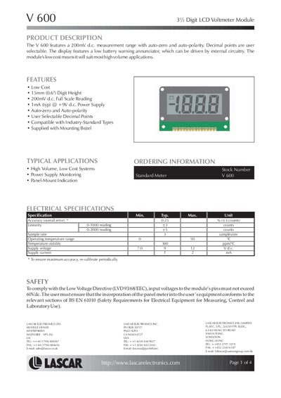 Lascar V 600 3% Digit LCD Voltmeter Module Datasheet - cover page