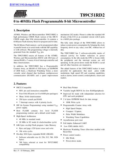 Atmel T89C51RD2 8-bit Microcontroller Datasheet