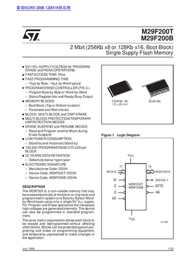 ST M29F200T M29F200B 2 Mbit (256Kb x8 or 128Kb x16 Boot Block) Single Supply Flash Memory handbook - cover page