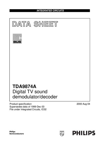 Philips TDA9874A Digital TV Sound Demodulator/Decoder Datasheet - cover page