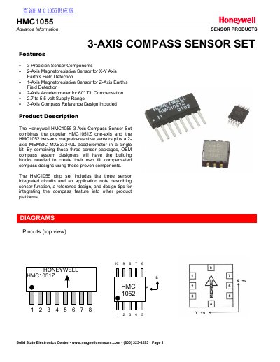 Honeywell HMC1055 3-Axis Compass Sensor Set Advance Information Datasheet - cover page