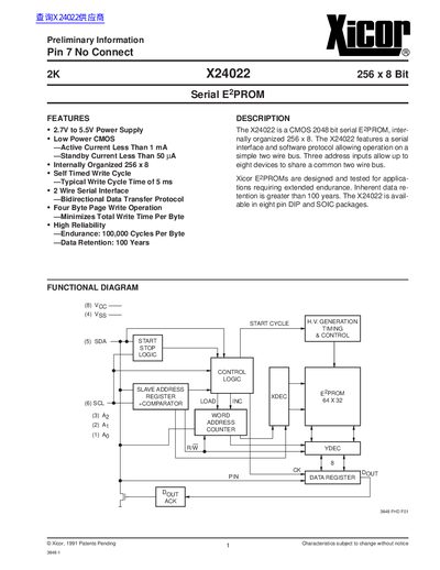 Xicor X24022 Datasheet - cover page