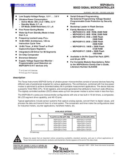 TEXAS INSTRUMENTS MSP430X41X Data Sheet - cover page