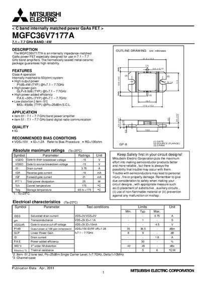 Mitsubishi Electric MGFC36V7177A C‑Band Power GaAs FET Datasheet - cover page