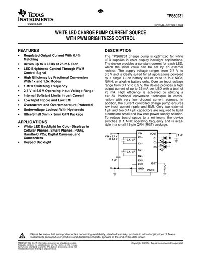 Texas Instruments TPS60231 White LED Charge Pump Data Sheet - cover page