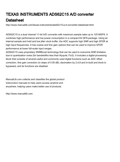 Texas Instruments ADS62C15 Dual Channel A/D Converter Datasheet - cover page