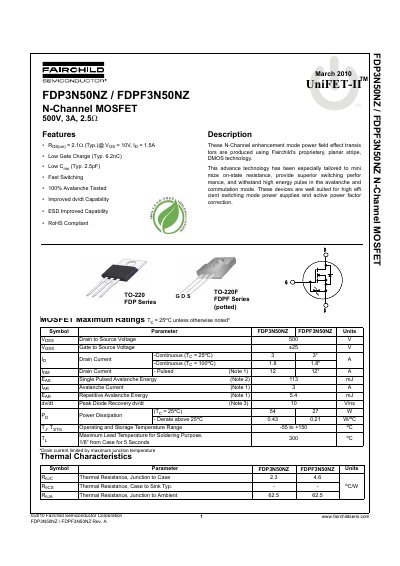 Fairchild FDP3N50NZ/FDPF3N50NZ N-Channel MOSFET Datasheet - cover page