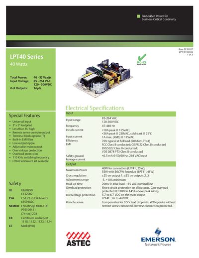 Emerson LPT40 Series Power Supply Datasheet