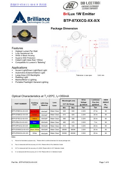 Brilliance BTP-87XXCG-XX-X/X 1W Emitter Datasheet - cover page