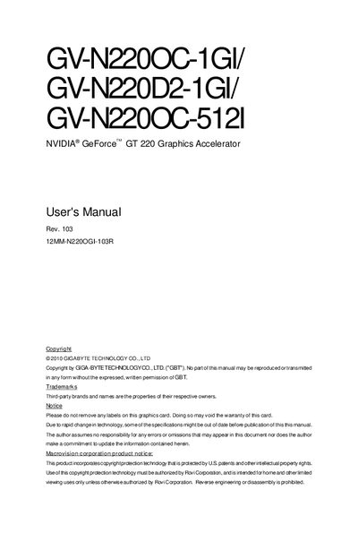 GV-N220OC-1GI/ GV-N220D2-1GI/ GV-N220OC-512I NVIDIA GeForce TM GT 220 Graphics Accelerator User's Manual - cover page
