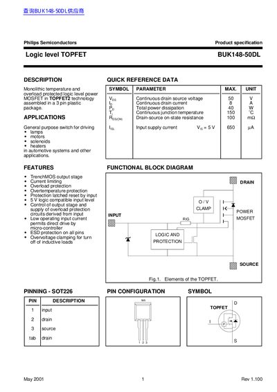 Philips BUK148-50DL Logic Level TOPFET Datasheet - cover page