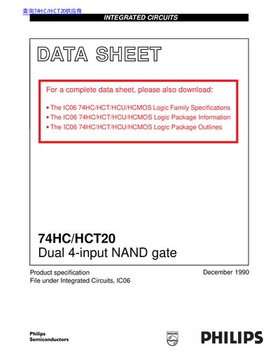 Philips 74HC/HCT20 Dual 4-input NAND Gate Datasheet