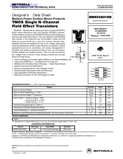 MOTOROLA MMSF4N01HD datasheet - cover page