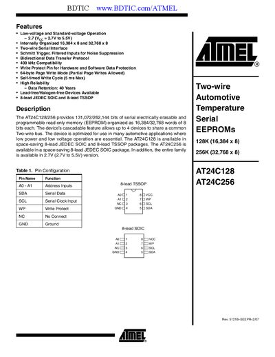 Atmel AT24C128/AT24C256 EEPROM Datasheet - cover page