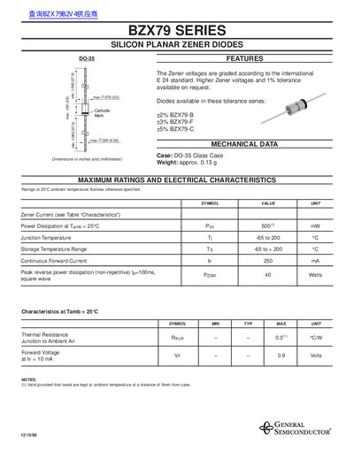 General Semiconductor BZX79 Series Zener Diode Datasheet - cover page